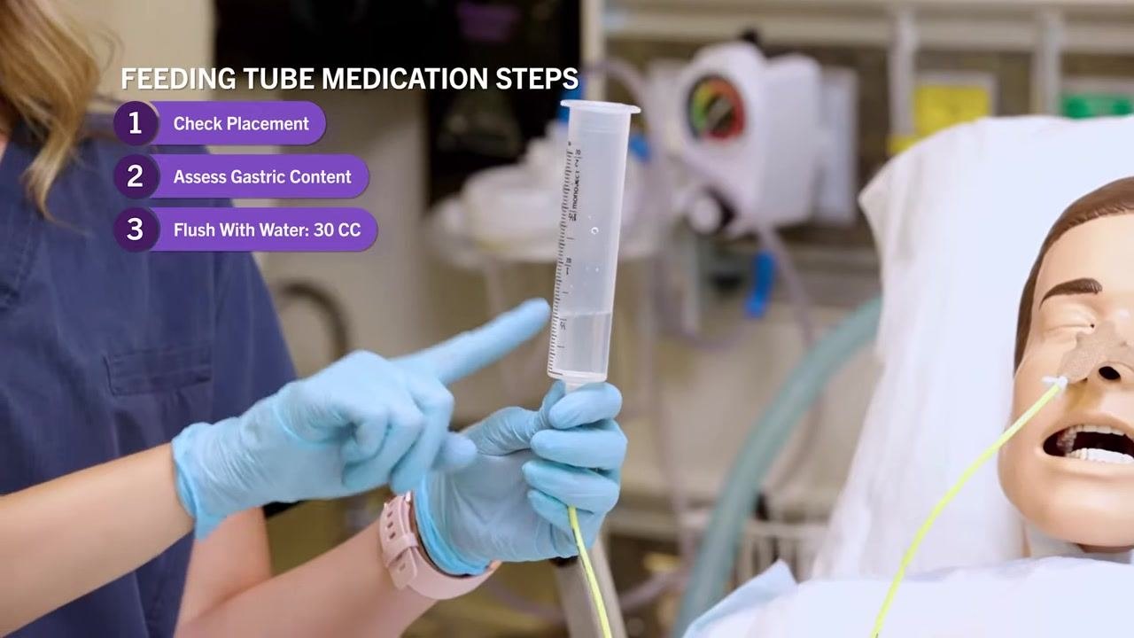 Nurse holding a syringe filled with water, demonstrating the flush, with on-screen steps 1 and 2 displayed.