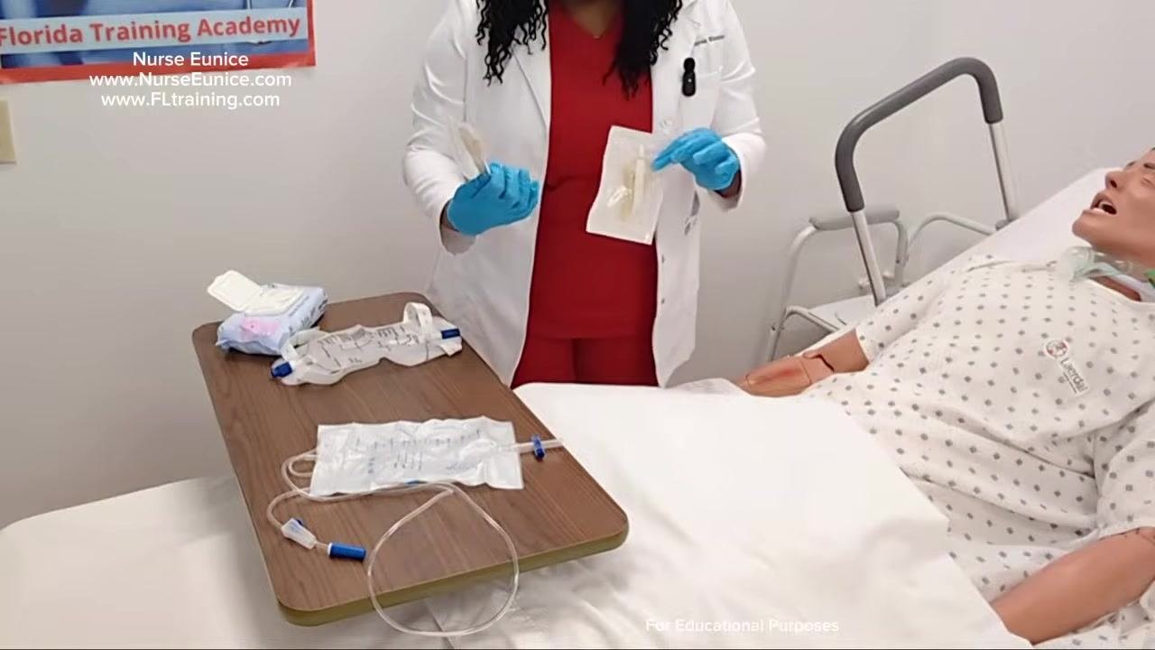Nurse holding two different sizes of condom catheters in their packaging, selecting the appropriate size for the patient