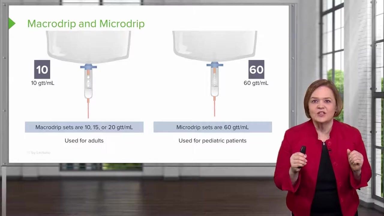 A close-up of a slide showing the macrodrip chamber labeled 10 gtt/mL and the microdrip chamber labeled 60 gtt/mL, with explanatory text on their drop factors and uses.