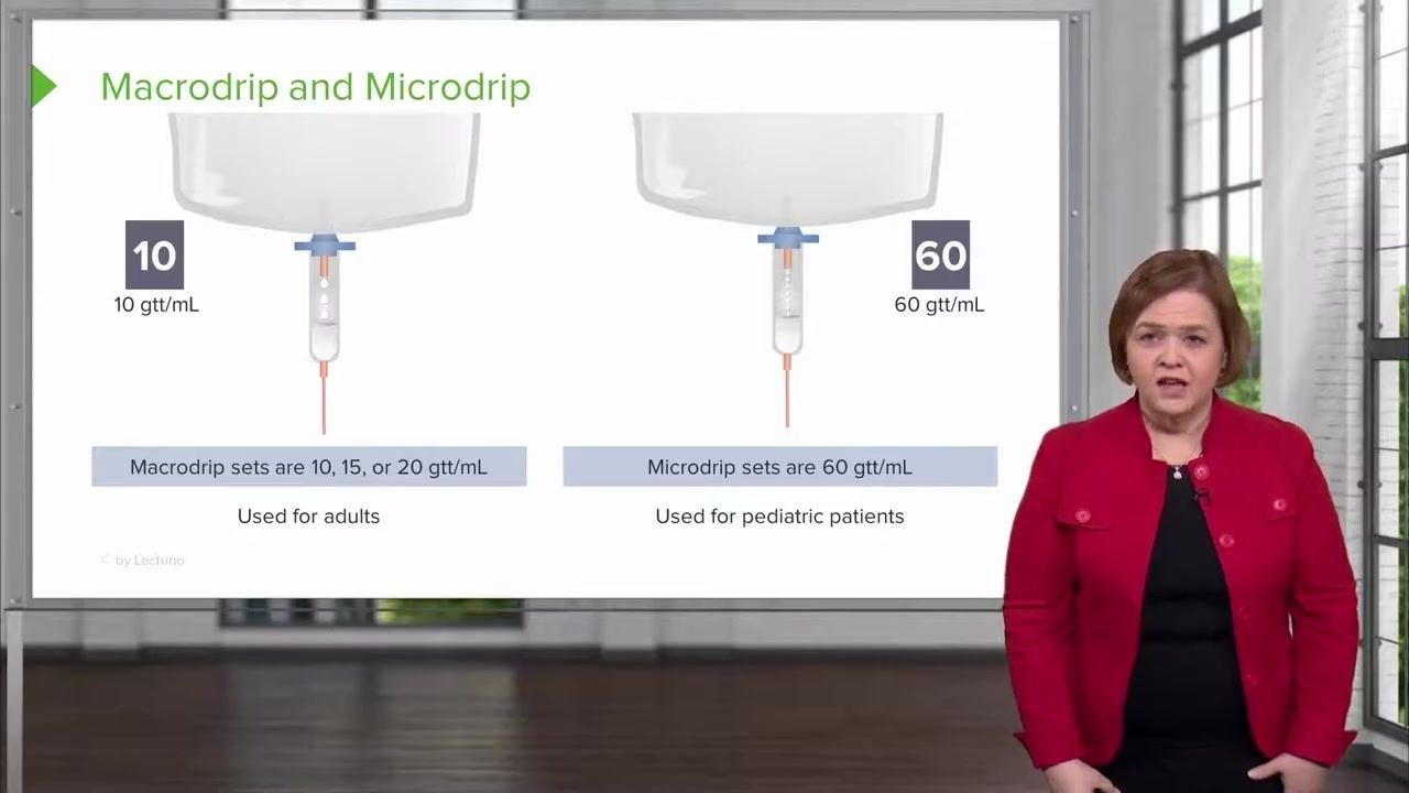 A presenter stands in front of the slide, noting that training scenarios typically do not use the 60 gtt/mL microdrip set, with both chambers visible on the slide.