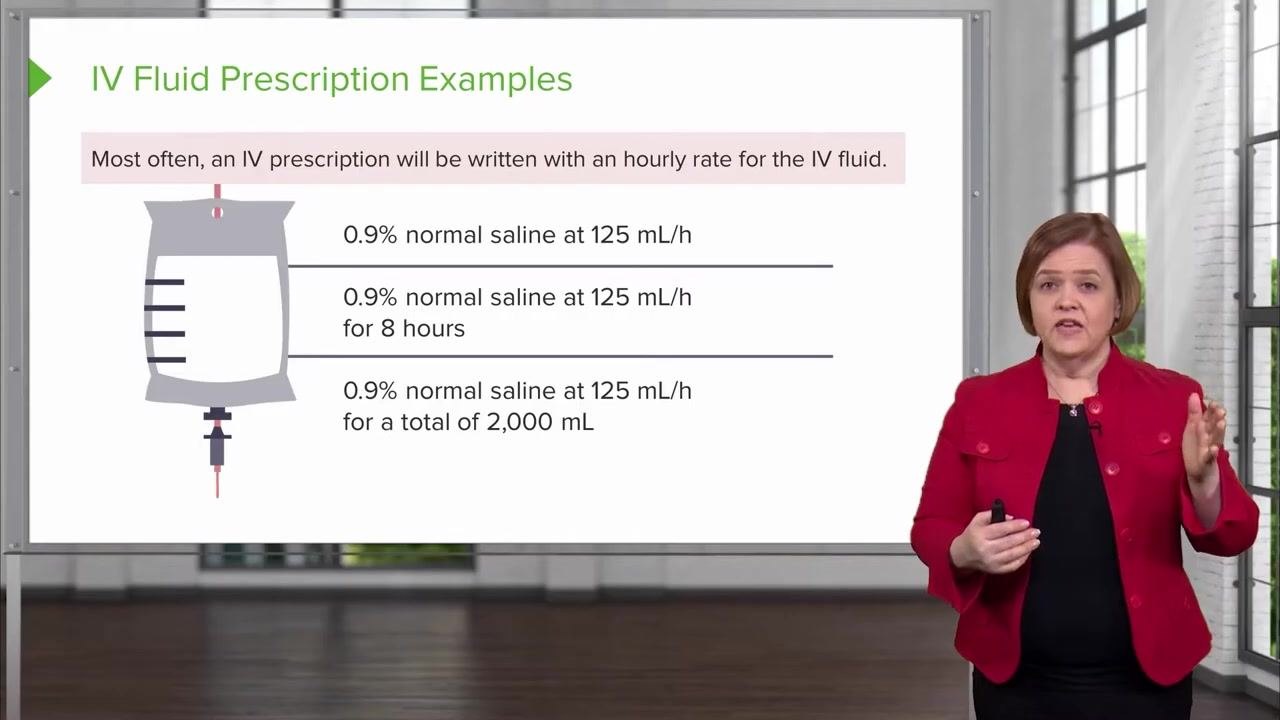 An instructor explains the first IV prescription format, with the slide visible in the background.