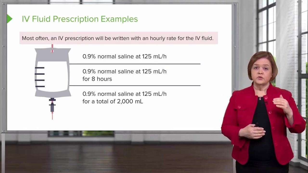 An instructor explains the second IV prescription format, with the slide visible in the background.