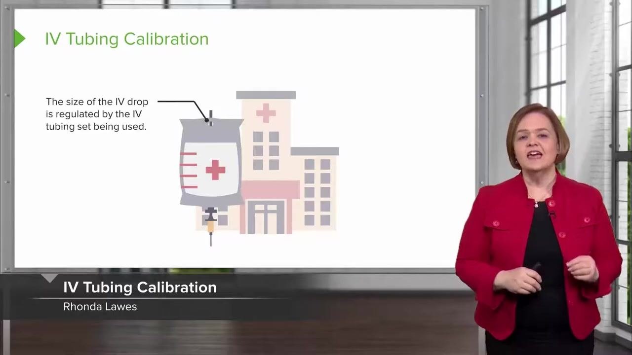 A presenter stands beside a slide titled "IV Tubing Calibration," showing an IV bag illustration with a hospital building in the background and the text explaining that drop size is regulated by the tubing set in use.