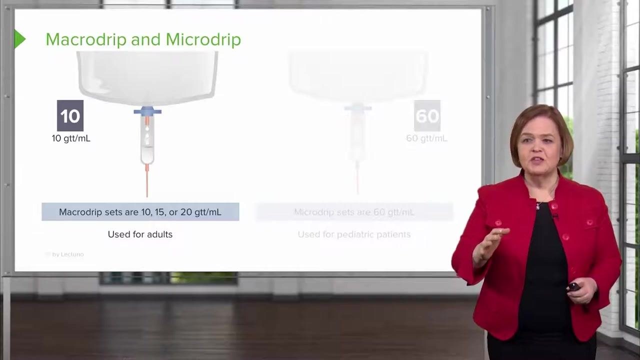 A presenter gestures with both hands to explain how clamp tightness or looseness controls the IV drip rate.