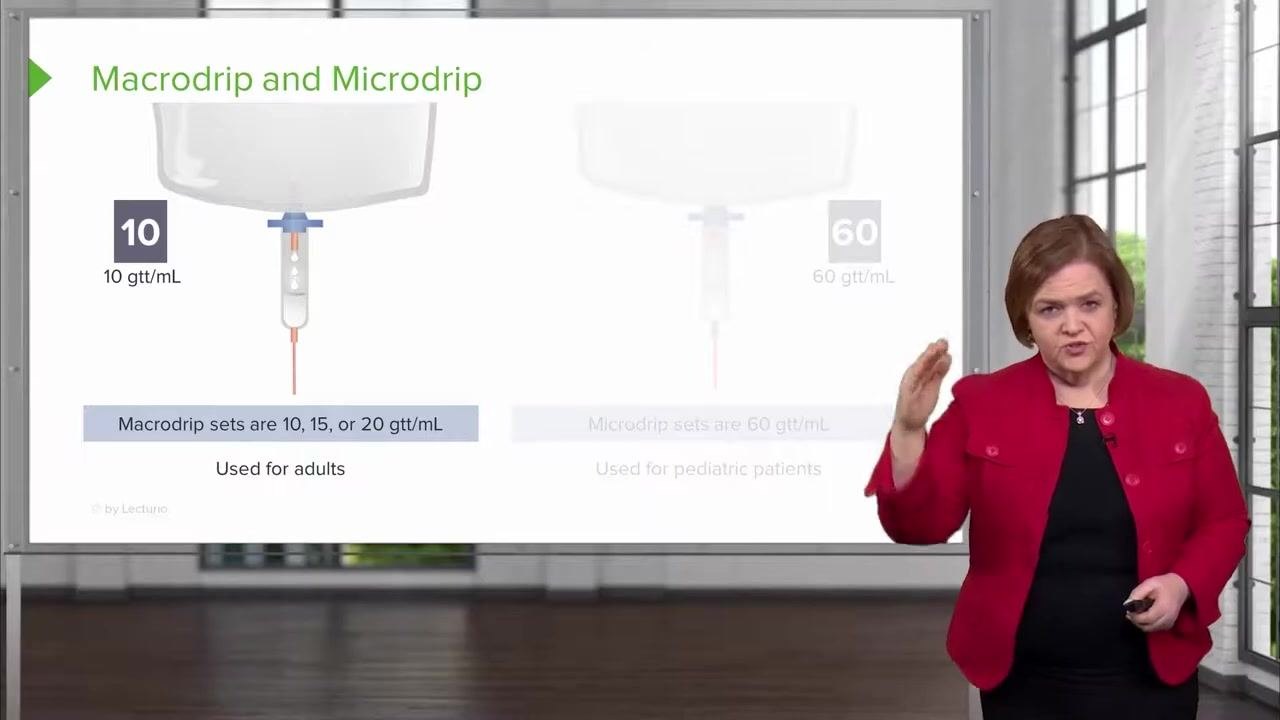 A presenter gestures to emphasize the distinction between macrodrip and microdrip tubing on a slide showing both drip chambers and their drop factors.