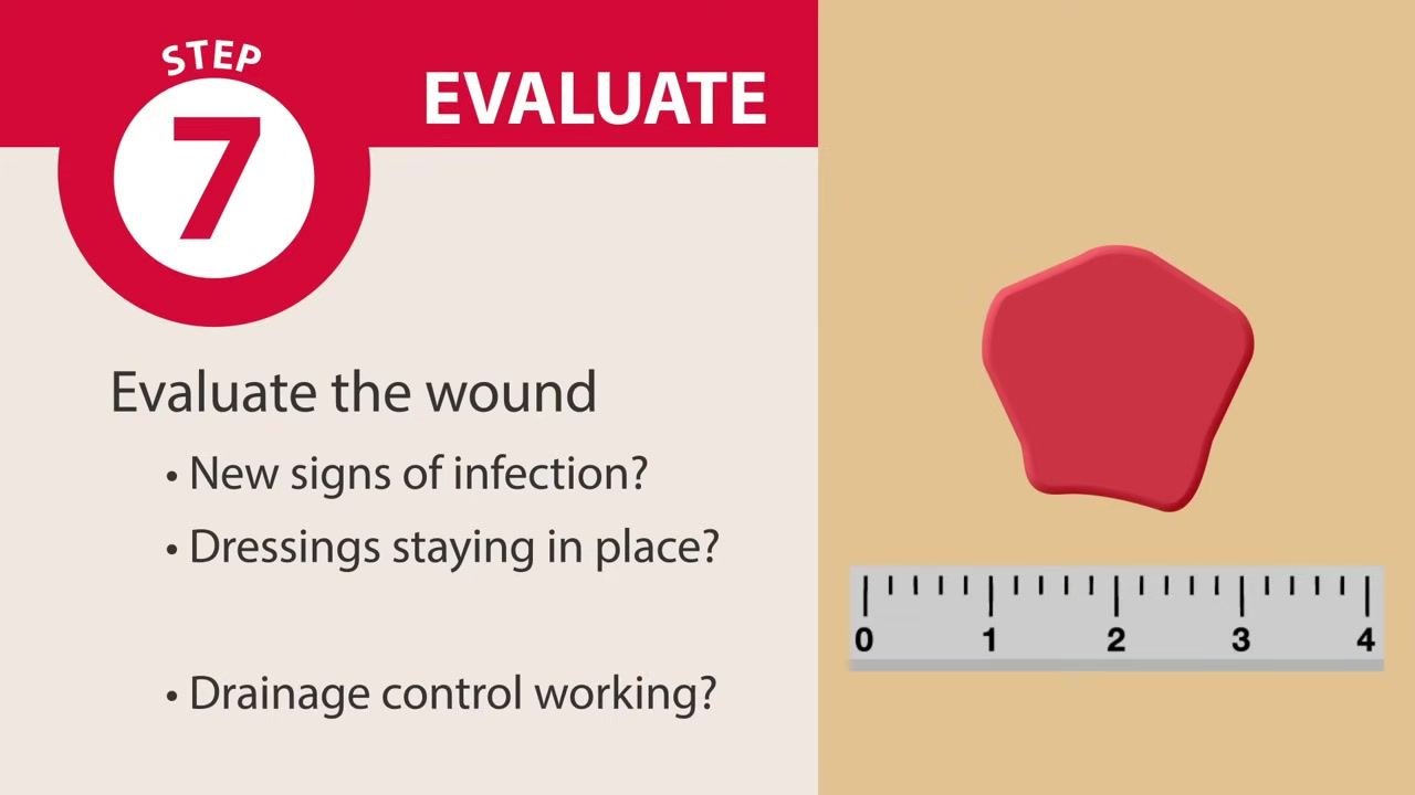 Screen labeled "Step 7: Evaluate" reading "Evaluate healing progress. Healing, Regressing, No change," with a wound illustration