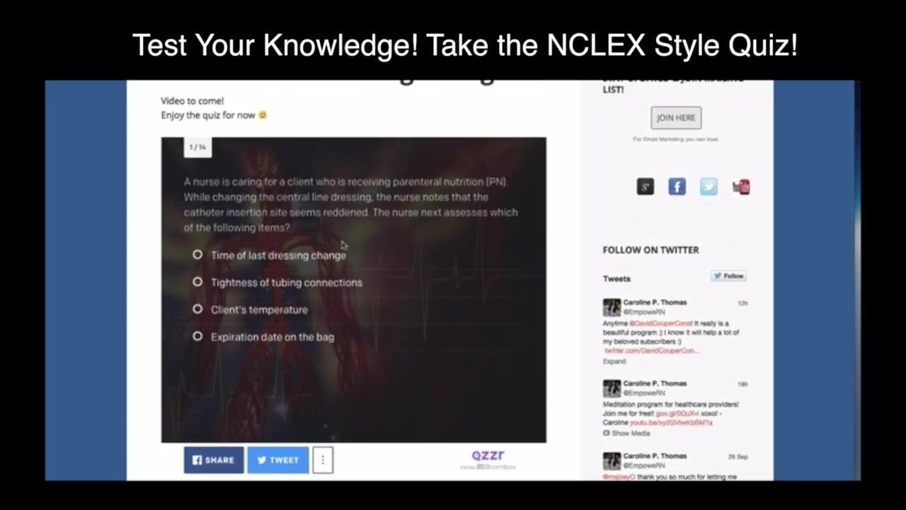 Web page listing NCLEX-style multiple-choice quiz options related to a reddened catheter insertion site, alongside a Twitter feed panel.