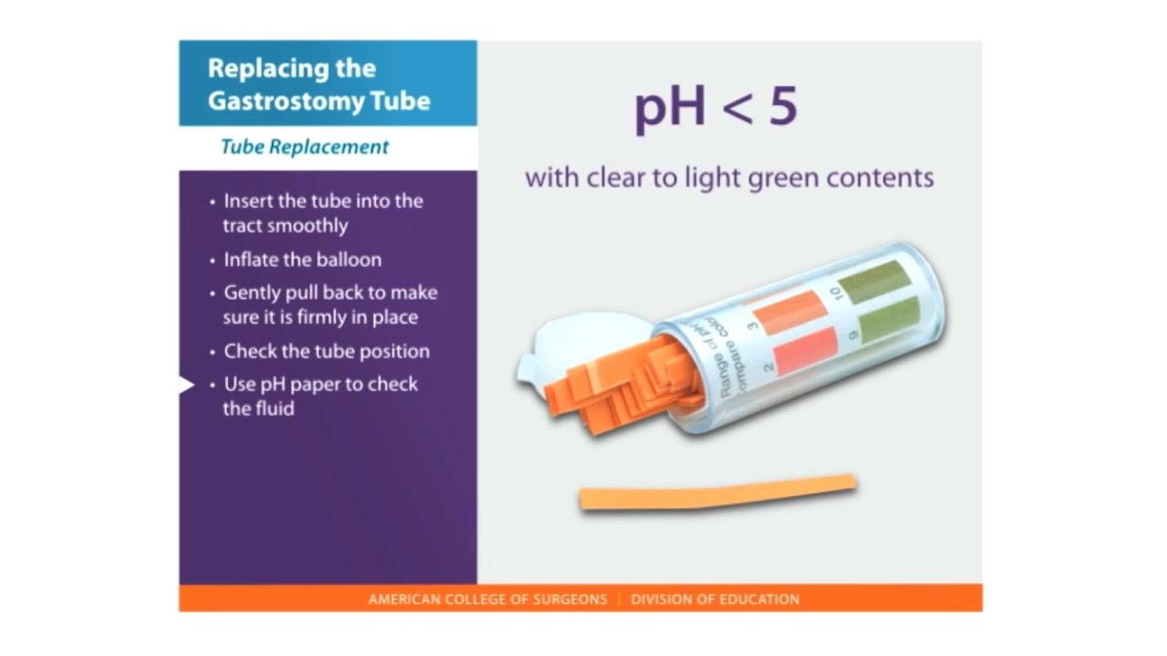 A container of pH paper strips with one strip laid out, next to text reading "pH < 5 with clear to light green contents" and a list reading "Use pH paper to check the fluid."