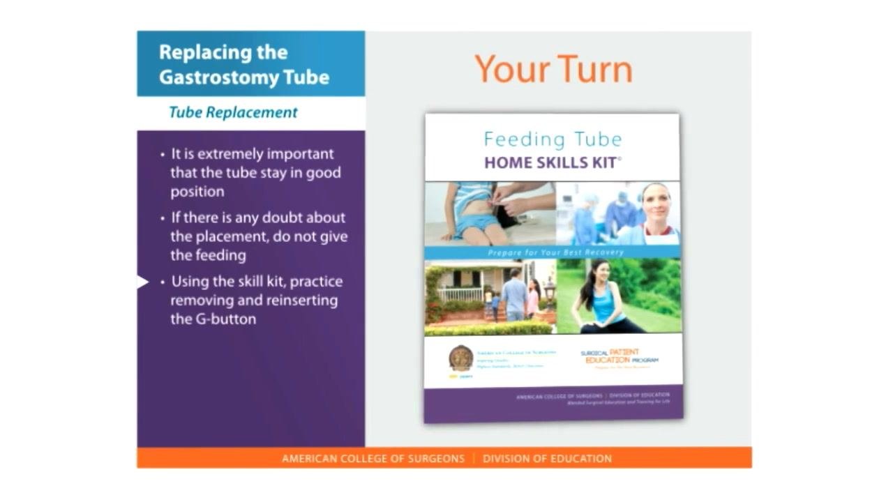 A medical illustration shows the internal placement of a gastrostomy tube and a jejunostomy tube within the digestive tract, next to a note reading "Tubes that end in the jejunum are replaced by your health care team."