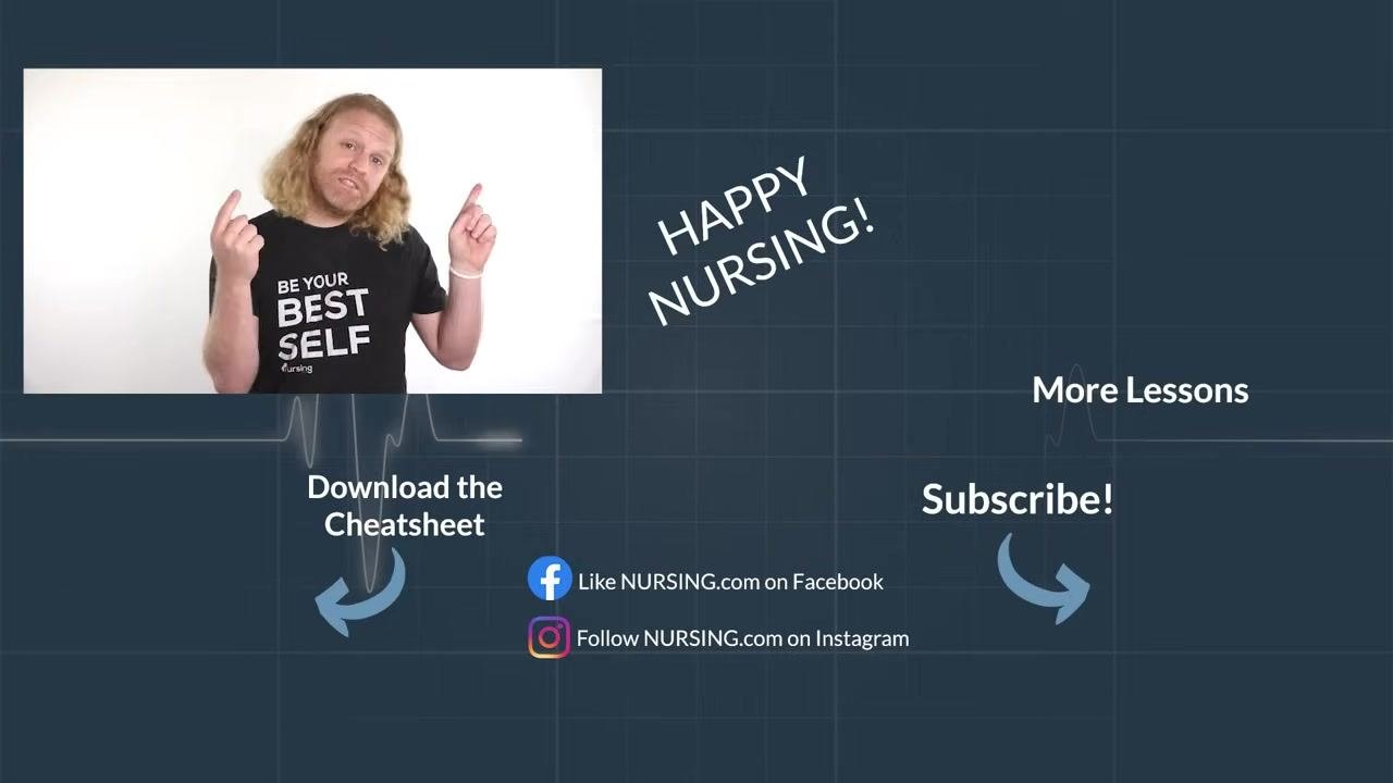 Presenter gesturing upwards, same end screen as before with "HAPPY NURSING!", "Download the Cheatsheet", "More Lessons", "Subscribe!", and social media links.
