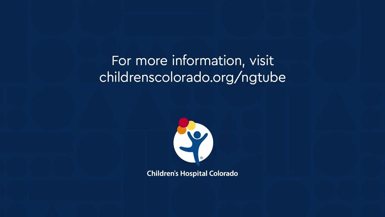 Blue background with white text reading "For more information, visit childrenscolorado.org/ngtube" alongside the Children's Hospital Colorado logo
