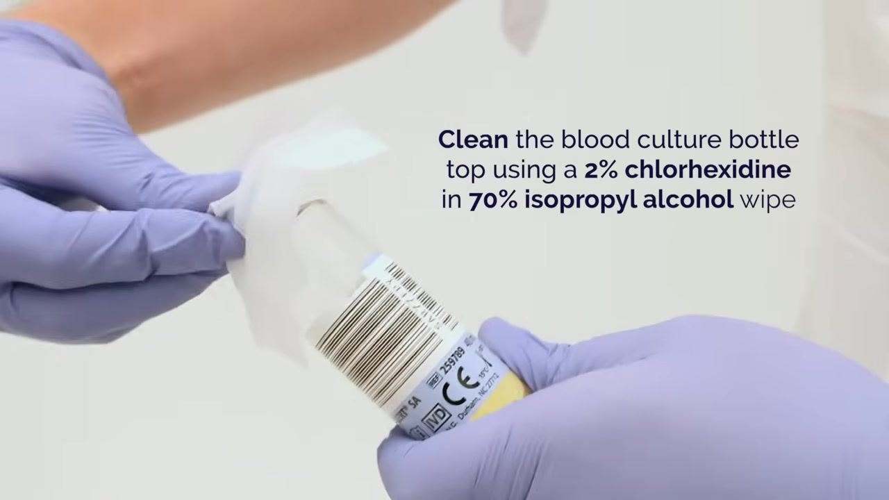 Screen displaying "Blood Culture Collection" heading with equipment table showing gloves, sharps bin, tray, forms, wipes, culture bottles, sanitizing gel, and sterile drape