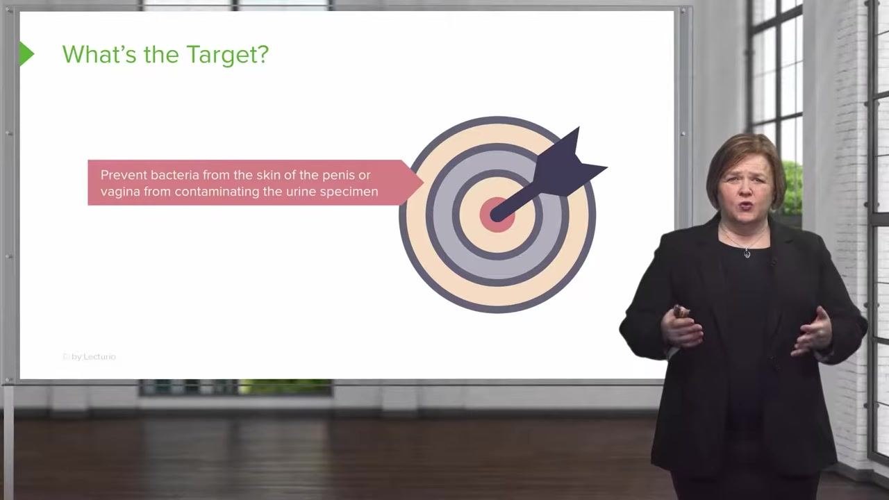 Slide with a target and arrow graphic explaining the goal: prevent skin bacteria from the penis or vagina from contaminating the urine specimen.