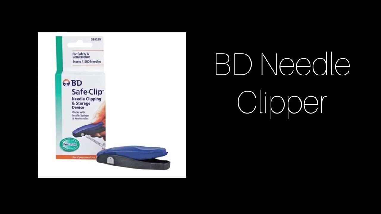 Packaging and device of the BD Safe-Clip Needle Clipping & Storage Device shown against a black background with the text "BD Needle Clipper." The packaging indicates it stores 1,500 needles and is portable.