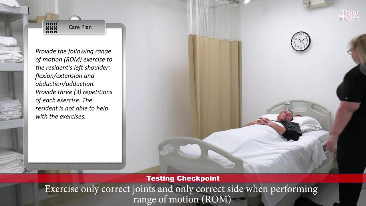CNA at bedside asking the resident to report any discomfort during the ROM exercises