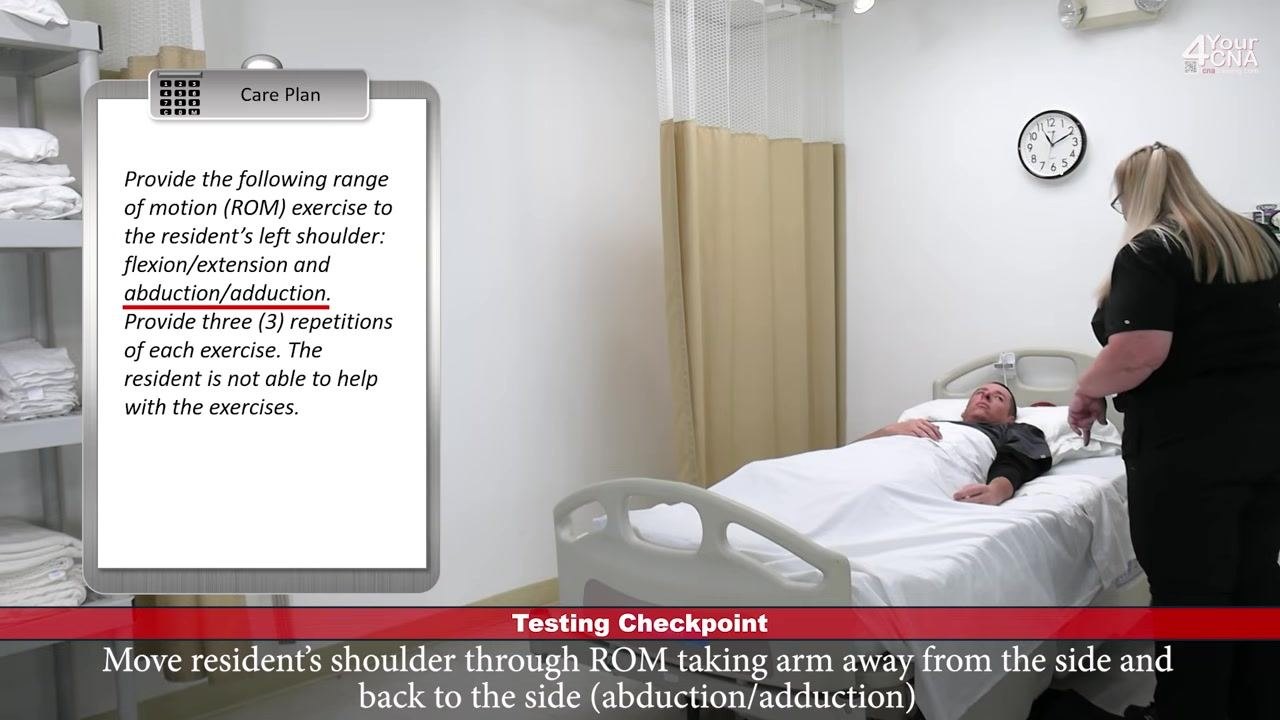 CNA performing the abduction/adduction movement, moving the resident's arm away from the side of the body and back