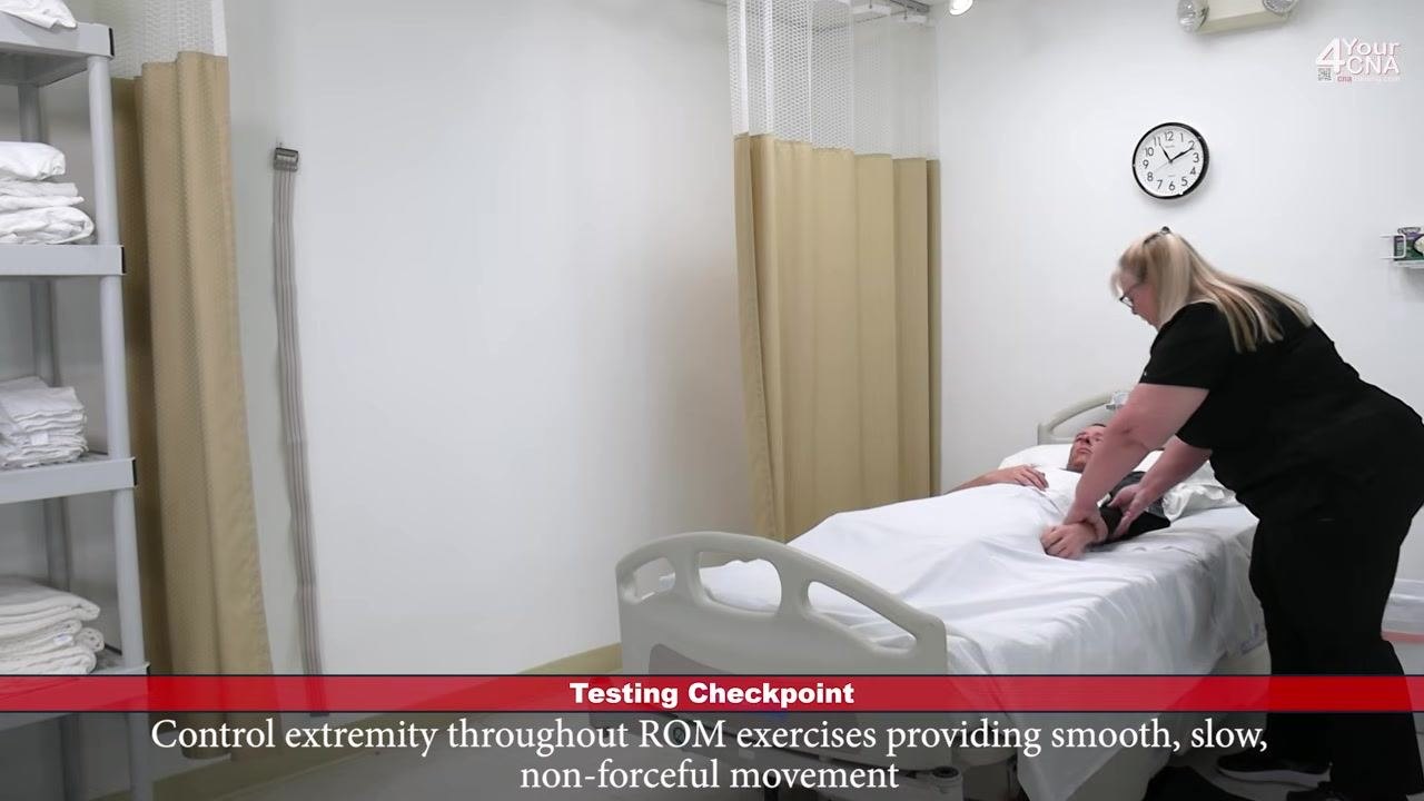 CNA supporting the resident's arm at two joints, providing smooth, slow, non-forceful movement through each repetition