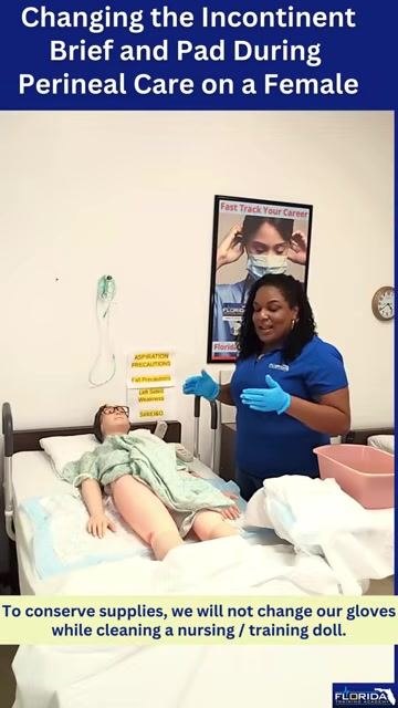 A caregiver explains the glove-use policy during mannequin cleaning, with an instructional text overlay about conserving gloves for testing.