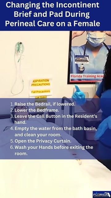 The caregiver explains the glove removal technique while standing beside the bed with gloves on, with step-by-step post-care instructions visible on screen.