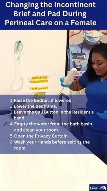 The caregiver holds the call button, preparing to place it in the mannequin's hand, with step-by-step post-care instructions displayed on screen.