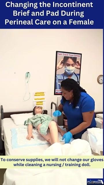 A caregiver demonstrates turning the mannequin patient by crossing the leg and preparing for a safe roll, with clear instructional overlays.