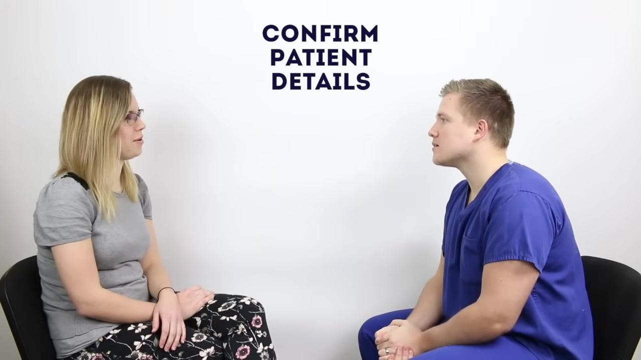 Two people seated facing each other, one in blue scrubs, with the heading "Gain consent"