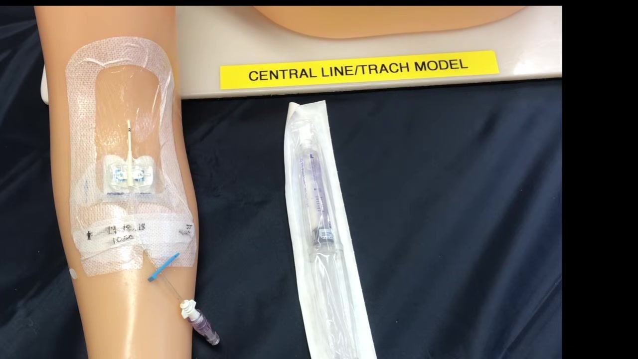 Split screen showing a gloved clinician preparing a syringe at a simulated PICC line site on a training arm, with the SAS protocol listed alongside: Saline flush, Administer medication/fluids, Saline flush, Sodium citrate