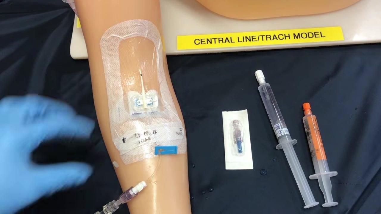 A training arm with a PICC line and staged supplies including a packaged sterile cap, a saline flush syringe, and a sodium citrate or heparin syringe, with a gloved hand ready to begin