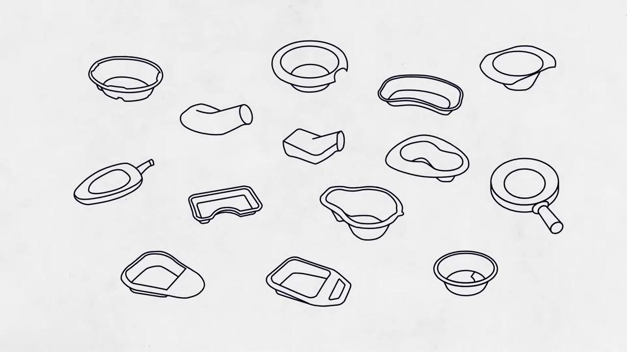 Illustration comparing a pink standard bedpan and a yellow fracture/slipper pan on a plain background