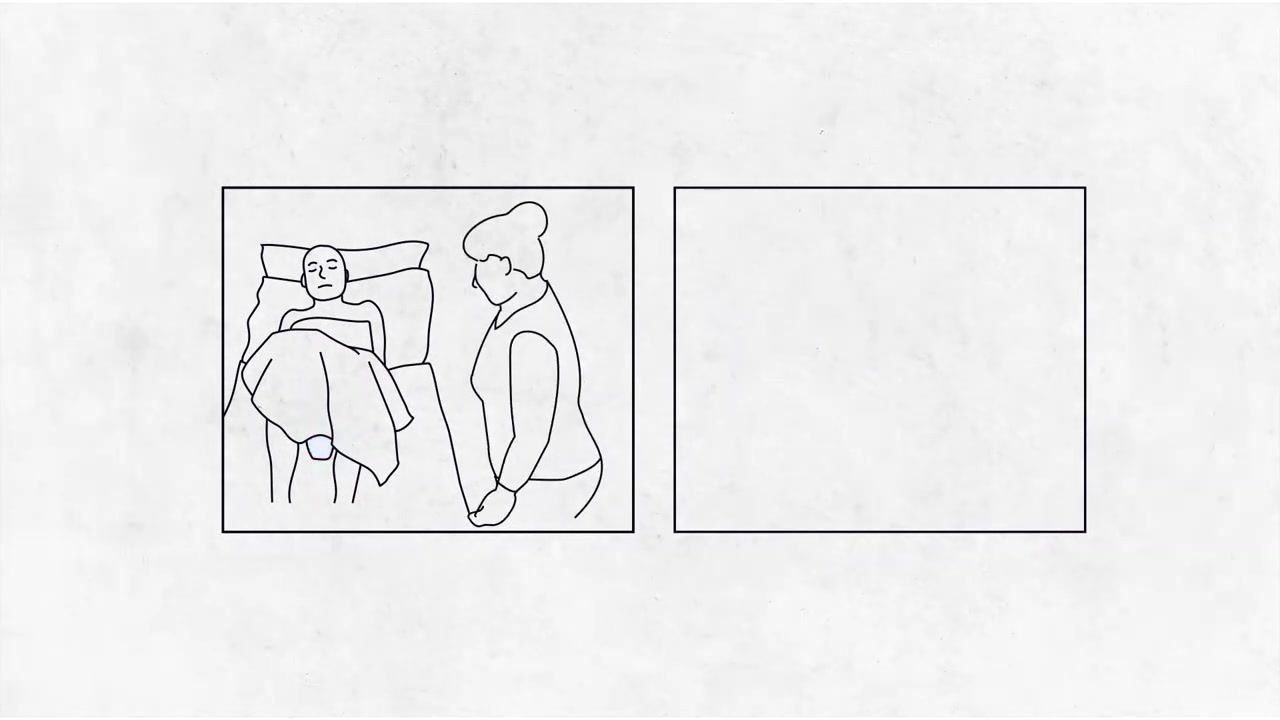 Line drawing of a caregiver standing by the bed, ready to assist with bedpan removal