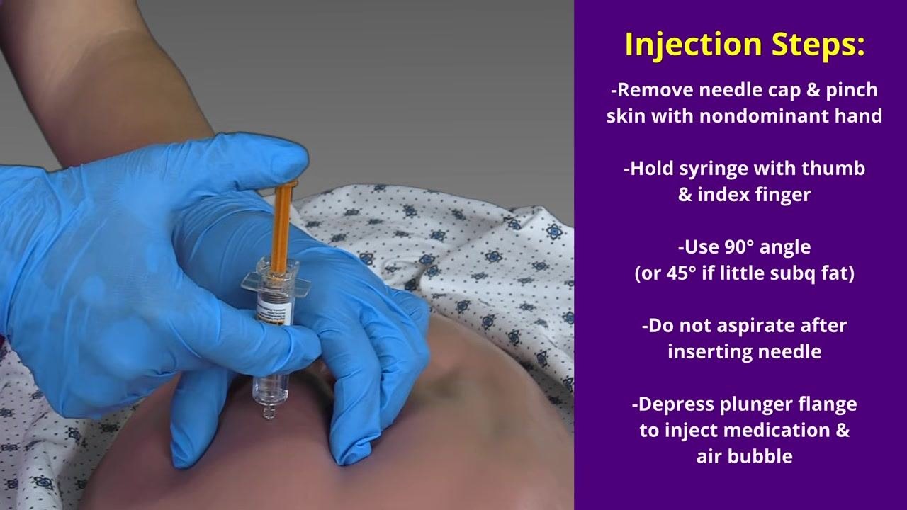 Gloved hands depressing the plunger flange to deliver the medication and air bubble into the subcutaneous tissue.