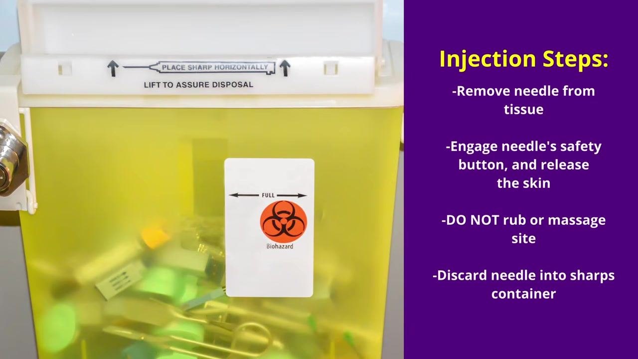 Yellow biohazard sharps container with used syringes, showing instructions to place sharps horizontally and confirm disposal.