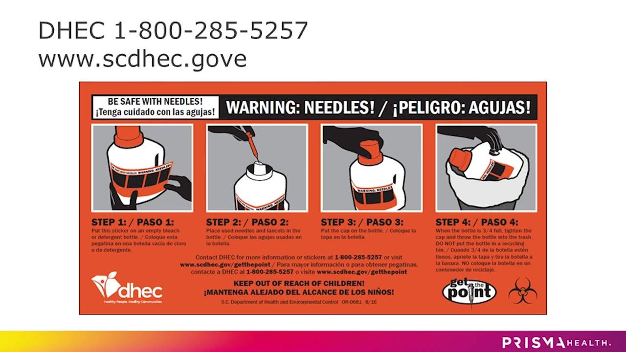 DHEC contact information and warning sticker instructions for sharps disposal, including phone number and website