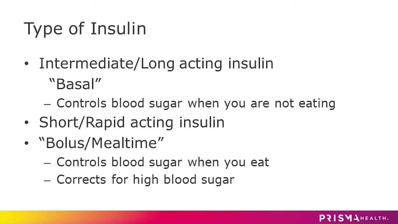 Slide listing types of insulin: Intermediate/Long acting ("Basal") and Short/Rapid acting ("Bolus/Mealtime"), with their functions