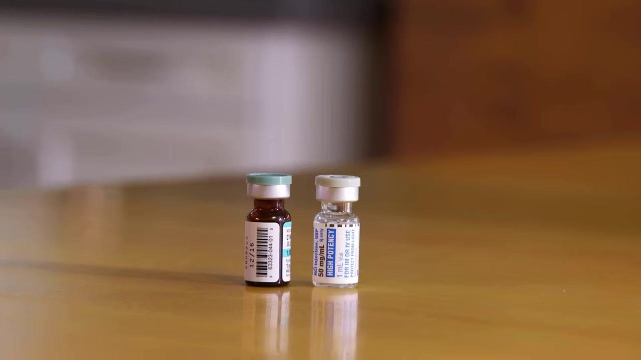 Two vials side by side: one brown vial with a green cap and barcode, and one clear vial labeled "HIGH POTENCY."