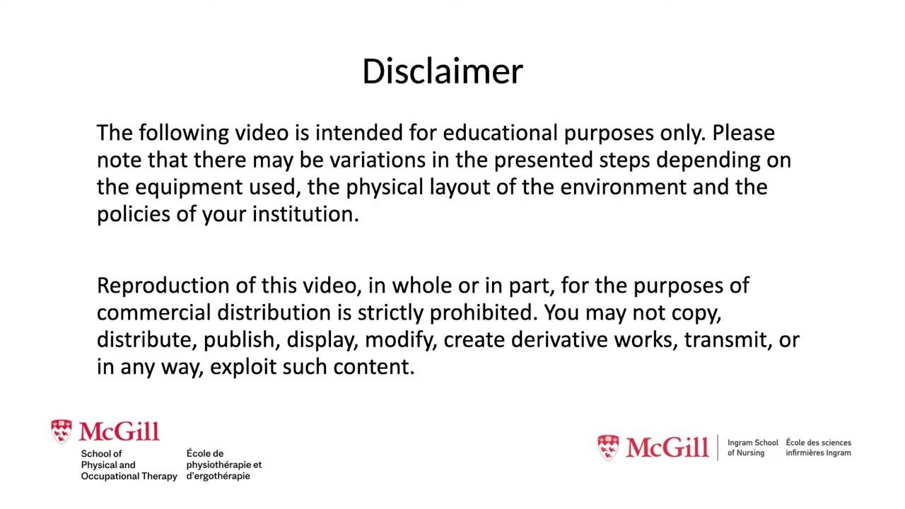 Disclaimer screen noting educational purpose, copyright notice, and the McGill and Ingram School logos