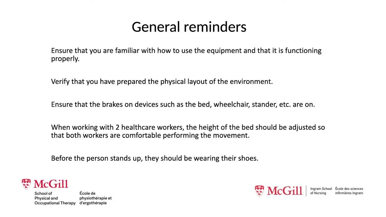 Reminders screen listing equipment checks, environment preparation, brake engagement, bed height adjustment, and patient footwear requirements