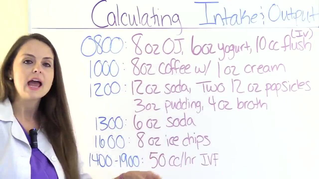 Whiteboard displaying a full intake log with times and items, used to walk through the calculation process