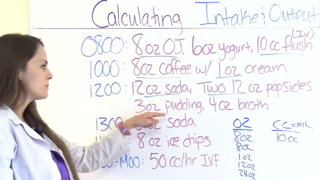 Instructor referencing the 8 oz ice chips entry and explaining that it should be recorded as 4 oz