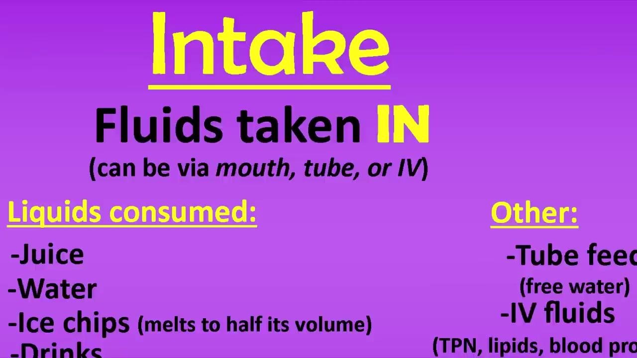 Slide listing intake sources divided into liquids consumed and other sources, including tube feedings, IV fluids, IV flushes, and irrigants, with pudding marked as uncertain