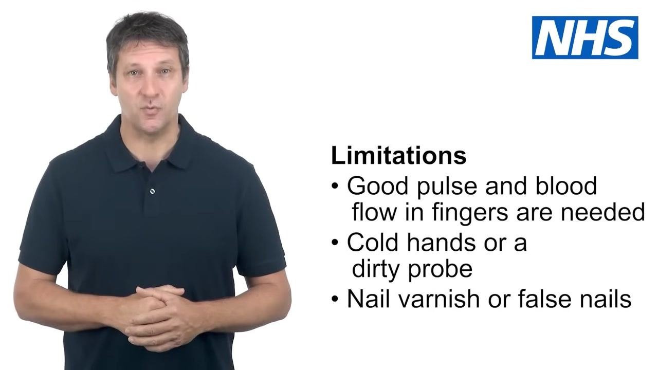 A person stands next to a list of limitations: good pulse and blood flow in fingers are needed; cold hands or a dirty probe can affect readings; nail varnish or false nails should be removed. The NHS logo is visible.