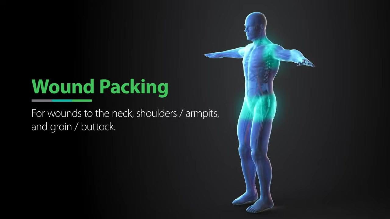 Anatomical diagram showing wound packing sites: neck, shoulders/armpits, and groin/buttock.