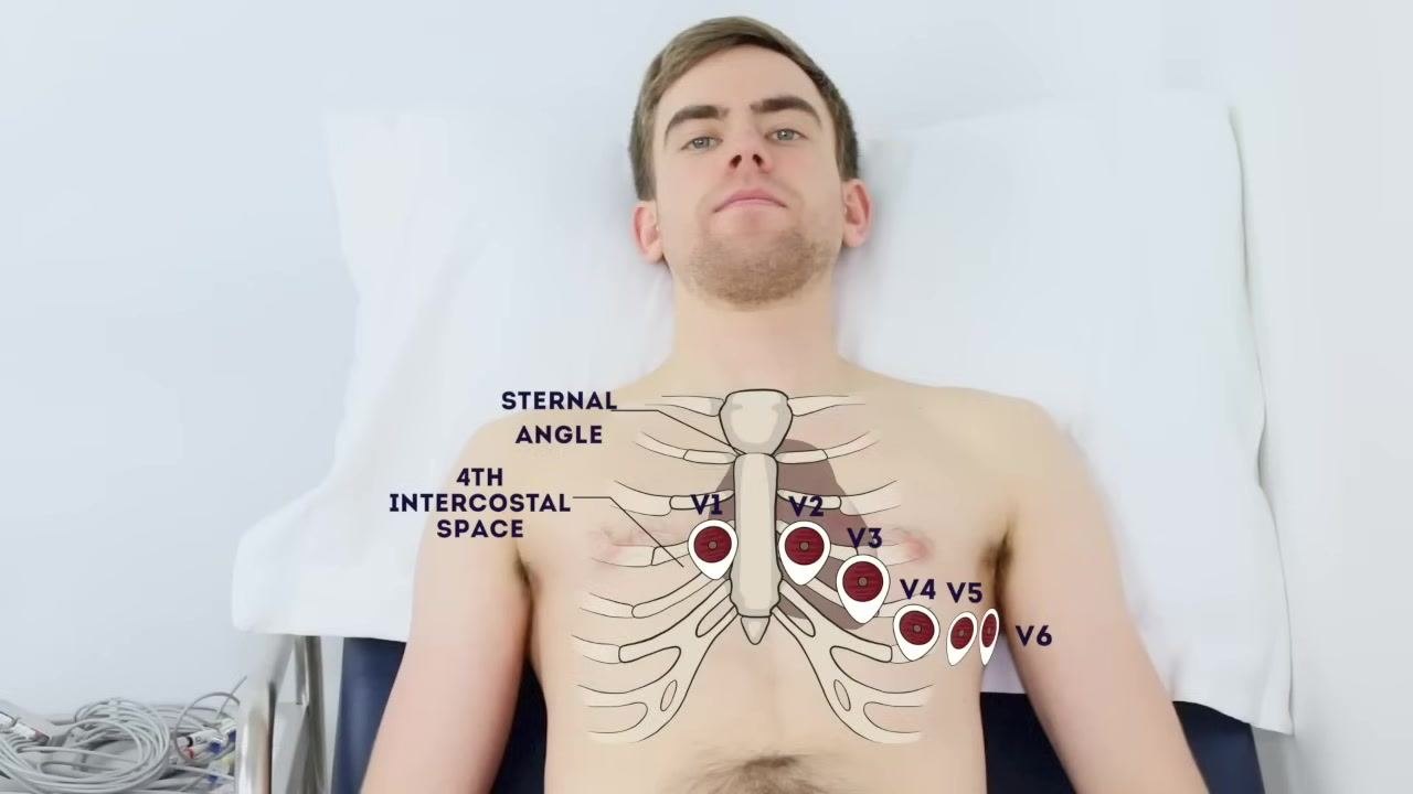 Patient lying on a couch at a 45-degree angle, shirtless, with the heading "Position the patient at 45°" above.