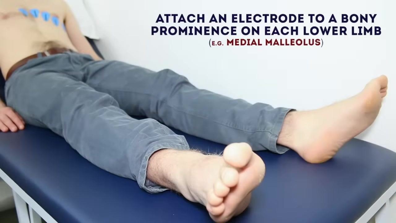 Patient lying on the couch, focus on the legs, with the heading "Attach an electrode to a bony prominence on each lower limb (e.g. medial malleolus)" above.