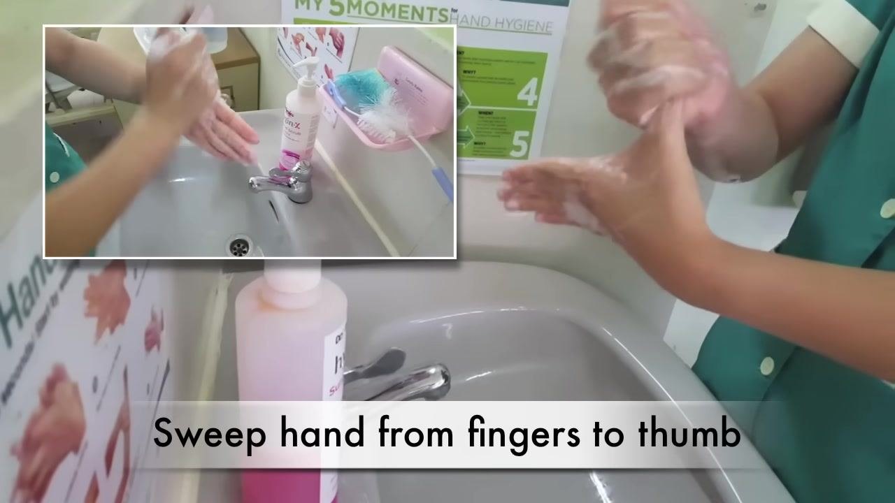 A person sweeps one hand from fingers to thumb while lathering with soap, with an inset showing the same action from above. The caption reads "Sweep hand from fingers to thumb."