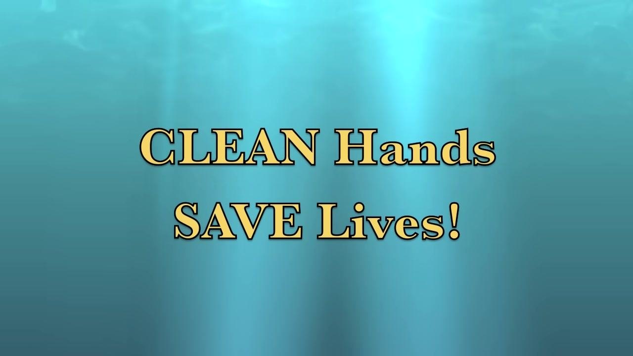 A person uses their elbow to turn off the tap after rinsing hands, as indicated by the caption "Use elbow to turn off tap." Soap and cleaning brushes are visible.