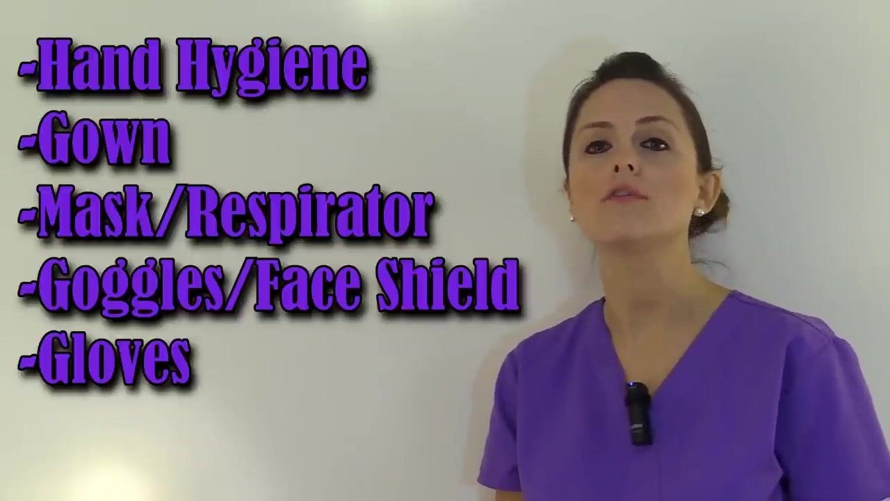 A whiteboard lists the donning sequence: hand hygiene, gown, mask or respirator, goggles or face shield, gloves.