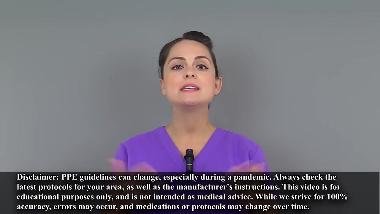 Presenter in purple scrubs, checklist on right: "When Using PPE: - Select the right PPE based on the infectious agent. - Make sure you've been properly fitted and sized for your PPE."