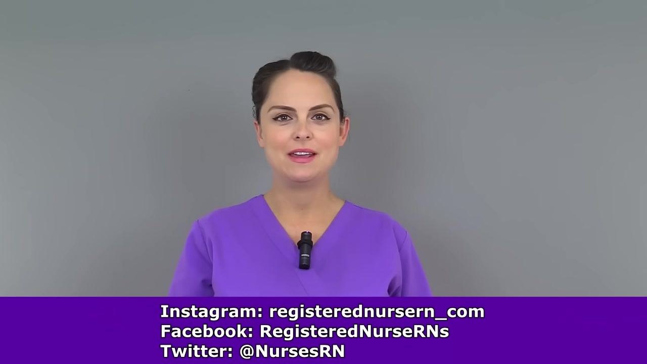 Presenter in purple scrubs, standing against a plain gray background, speaking to the camera. Social media handles for Instagram, Facebook, and Twitter are displayed in a purple banner at the bottom.