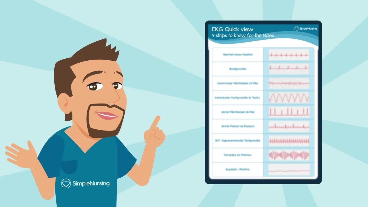 Cartoon instructor in blue scrubs labeled "SimpleNursing" winking and pointing at the viewer, with a light blue radiating background